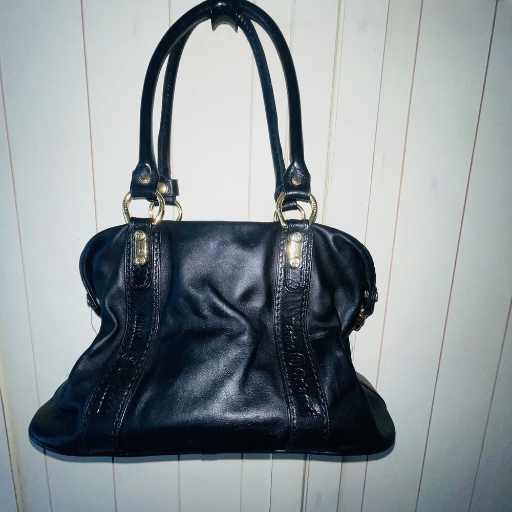 VTG Marino Orlandi Black Genuine Leather Satchel Shoulder Bag Gold HW Italy